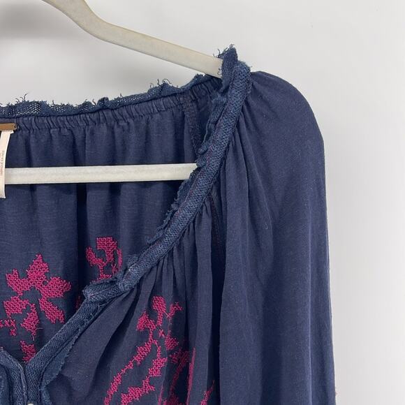 Free People Persuasian cross-stitch V neck blouson sleeve boho peasant blouse - Picture 5 of 7